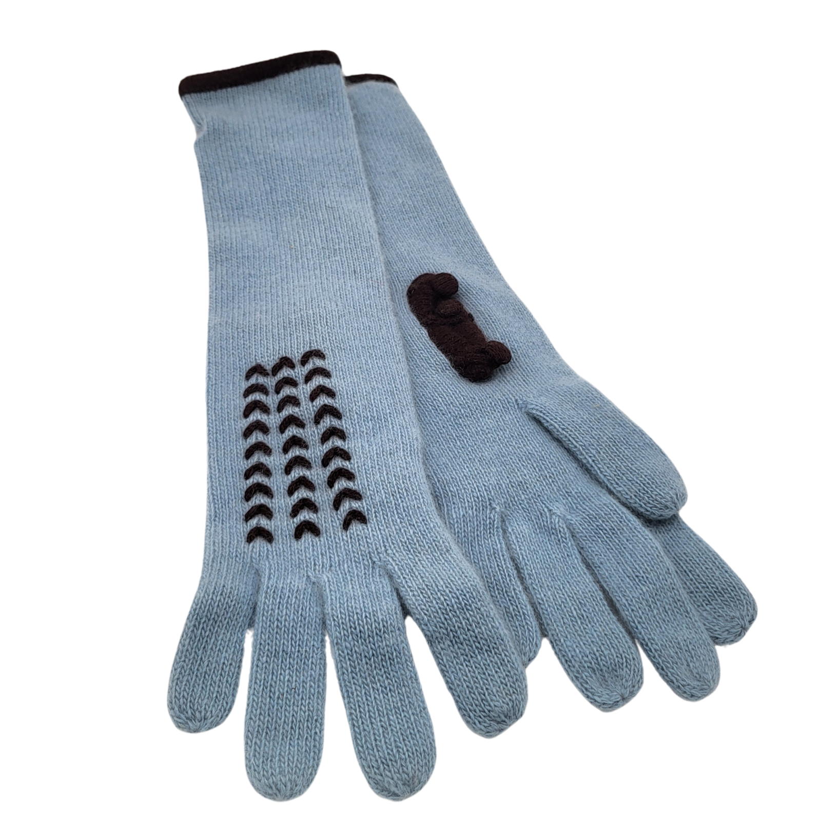 Cashmere longer , 15 " inch glove ,  Light Denim Blue with Chocolate