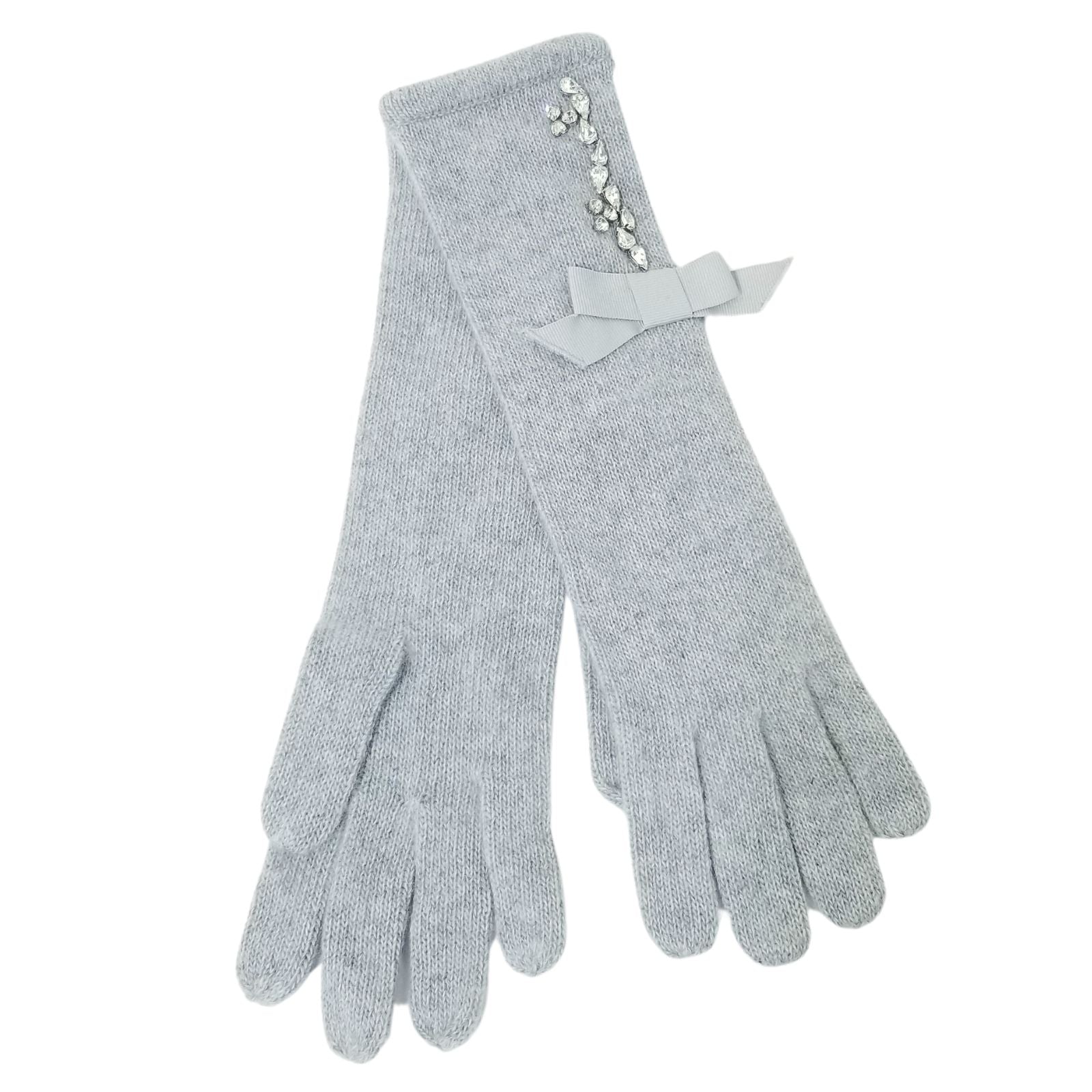 Cashmere glove 13 " with Crystal and Grosgrain Bow ,  Lt Heather Grey