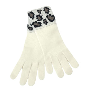 Cashmere glove with Animal Print Jacquard Cuff, Ivory