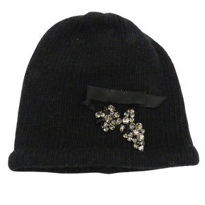 Cashmere Cap With Bow, Rolled Edge and Crystals