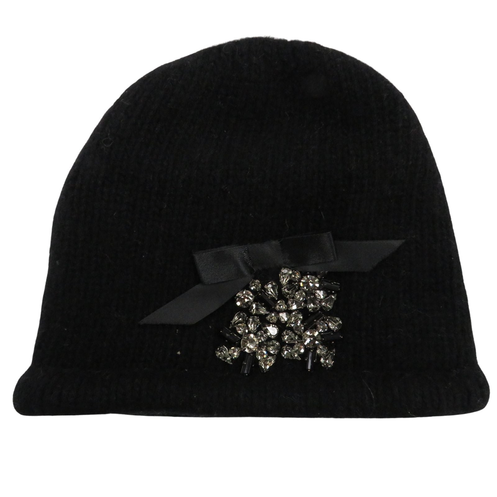 Cashmere Cap With Rolled Edge, Bow and Crystals