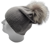 HAT Cashmere  UNIQUE STITCH with  Silver fox Pom.  Light Heater Grey