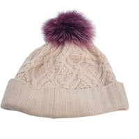 Cashmere Cable hat with  Fox pom