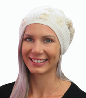 Slouchy Ribbed Hat with Embroidered Flowers and Crystal
