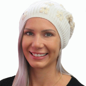 Slouchy Ribbed Hat with Embroidered Flowers and Crystal