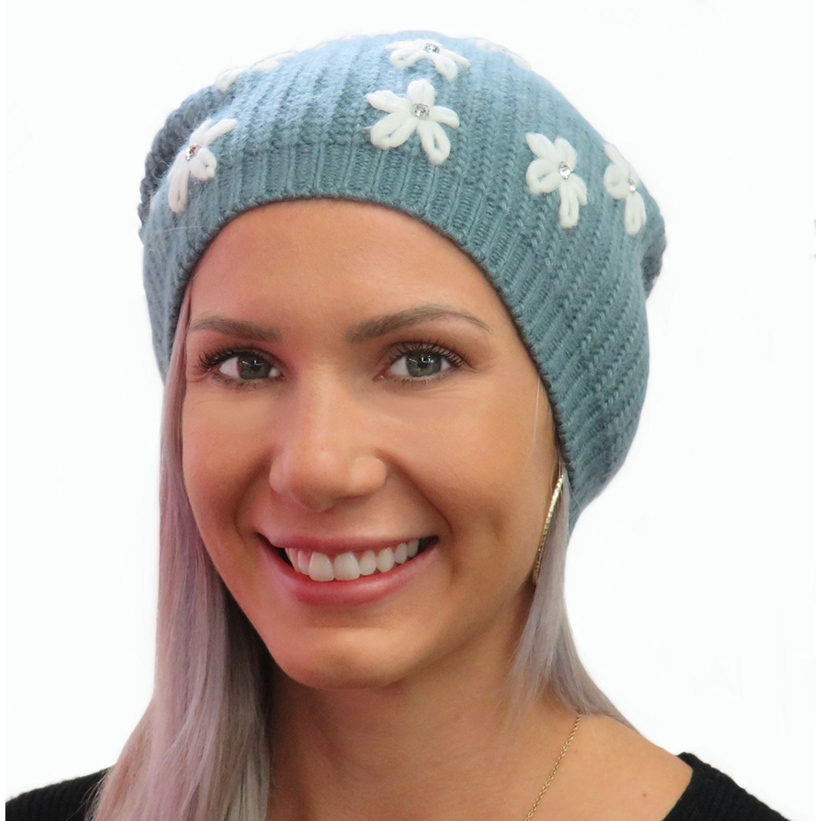 Slouchy Ribbed Hat with Embroidered Flowers and Crystal