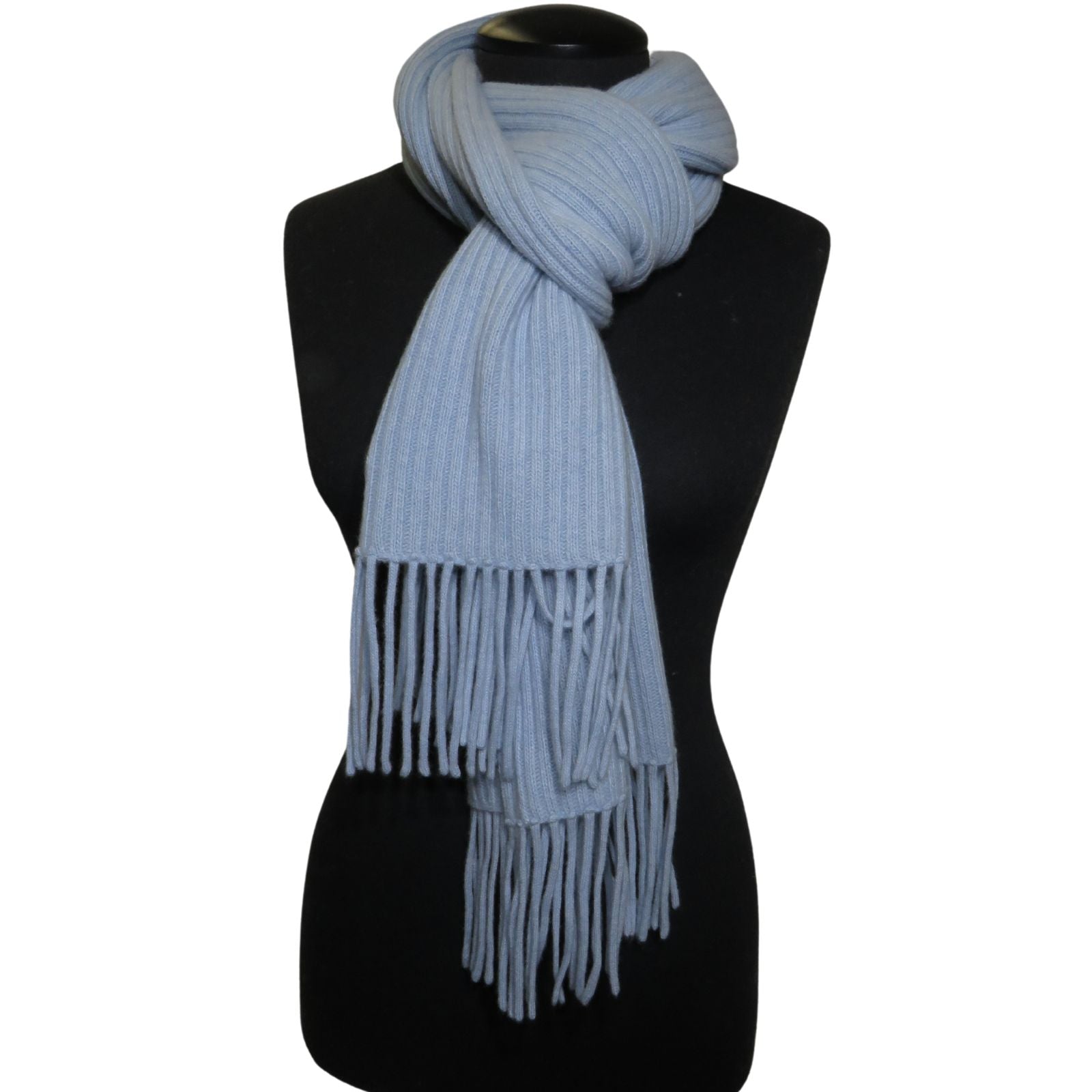 Heavenly Blue Cashmere Ribbed Scarf with Tubular knitted Fringes