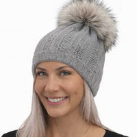 HAT Cashmere  UNIQUE STITCH with  Silver fox Pom.  Light Heater Grey