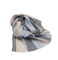 Safari inspired, Linen and Silk Colourblock Shawls with eyelash Fringes , Artisanal Weave . Blue Combo
