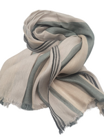 Safari inspired , Linen and Silk Colourblock Shawls with eyelash Fringes , Artisanal Weave . Sage Green Combo