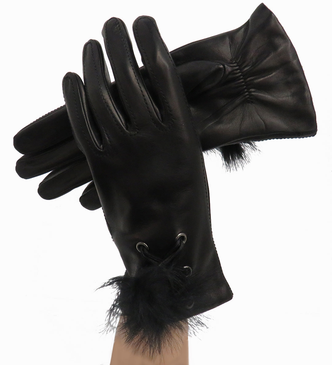 Leather glove with leather lacing and shearling pom pom  BLACK  WITH BLACK LACING