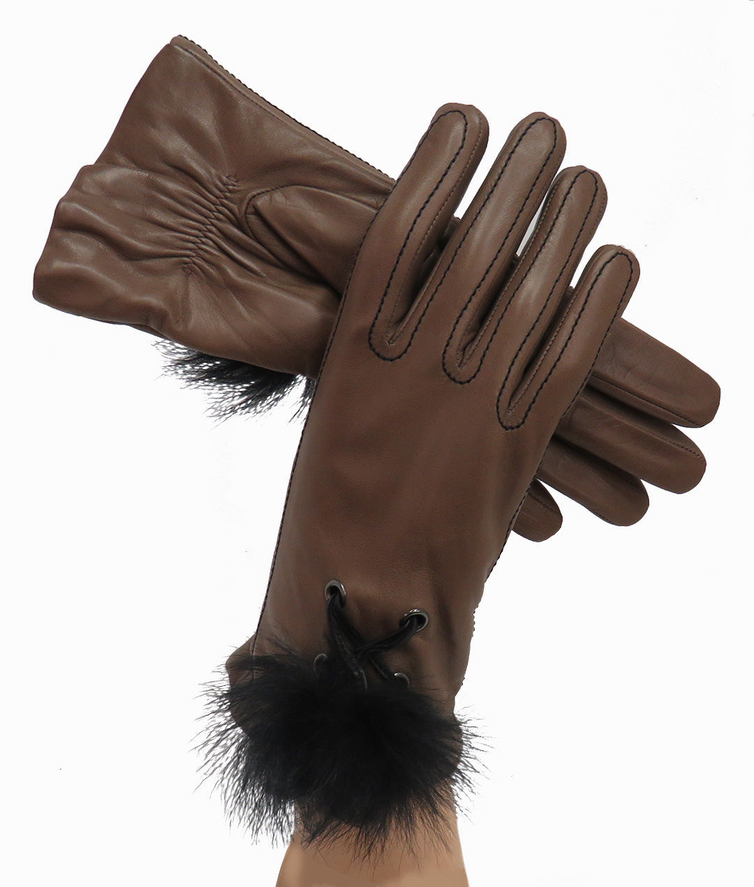 Leather glove with leather lacing and shearling pom pom  PINE BROWN (TAUPE) WITH BLACK